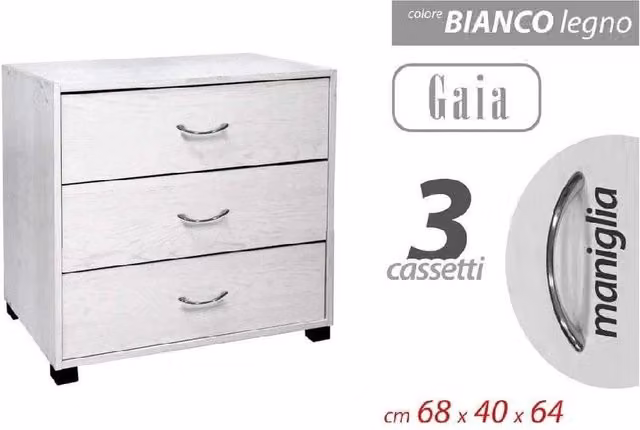 Trade Shop - Mobile Cassettiera Comodino Comò Gaia 3 Cassetti Bianco Legno 68x40x64cm 768675 -