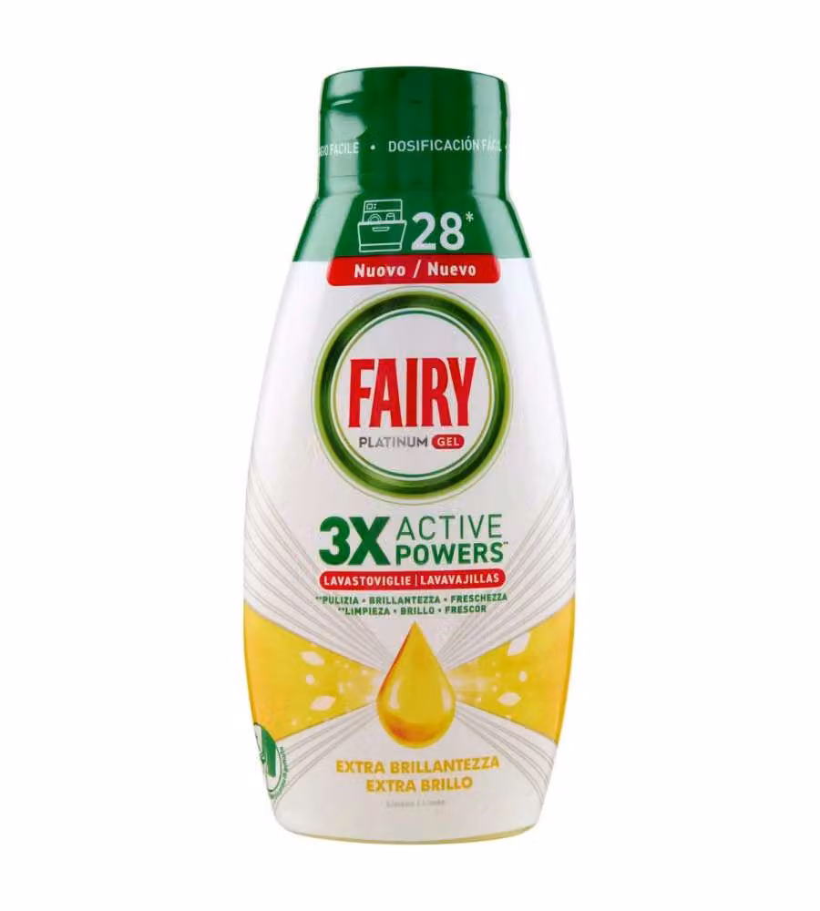 Fairy Gel Lavastoviglie Platinum Extra Brillantezza, Detersivo Piatti Limone 28 Lavaggi 504ml