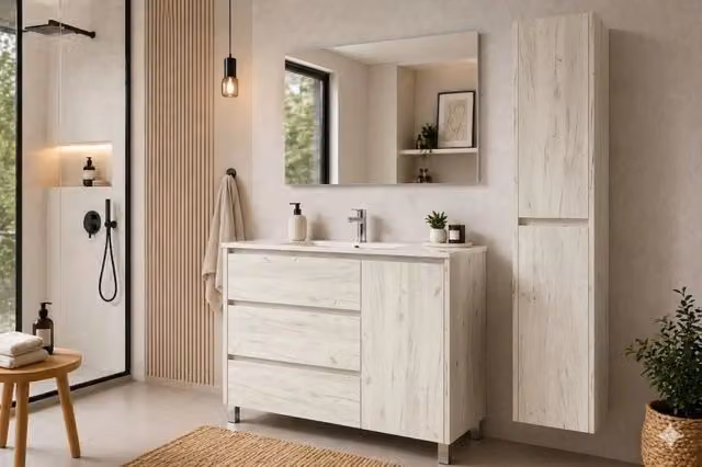 Mobile Bagno VOLUM Già Montato 3 cassetti e porta, lavabo e specchio Bianco nordico 90x45 cm con colonna