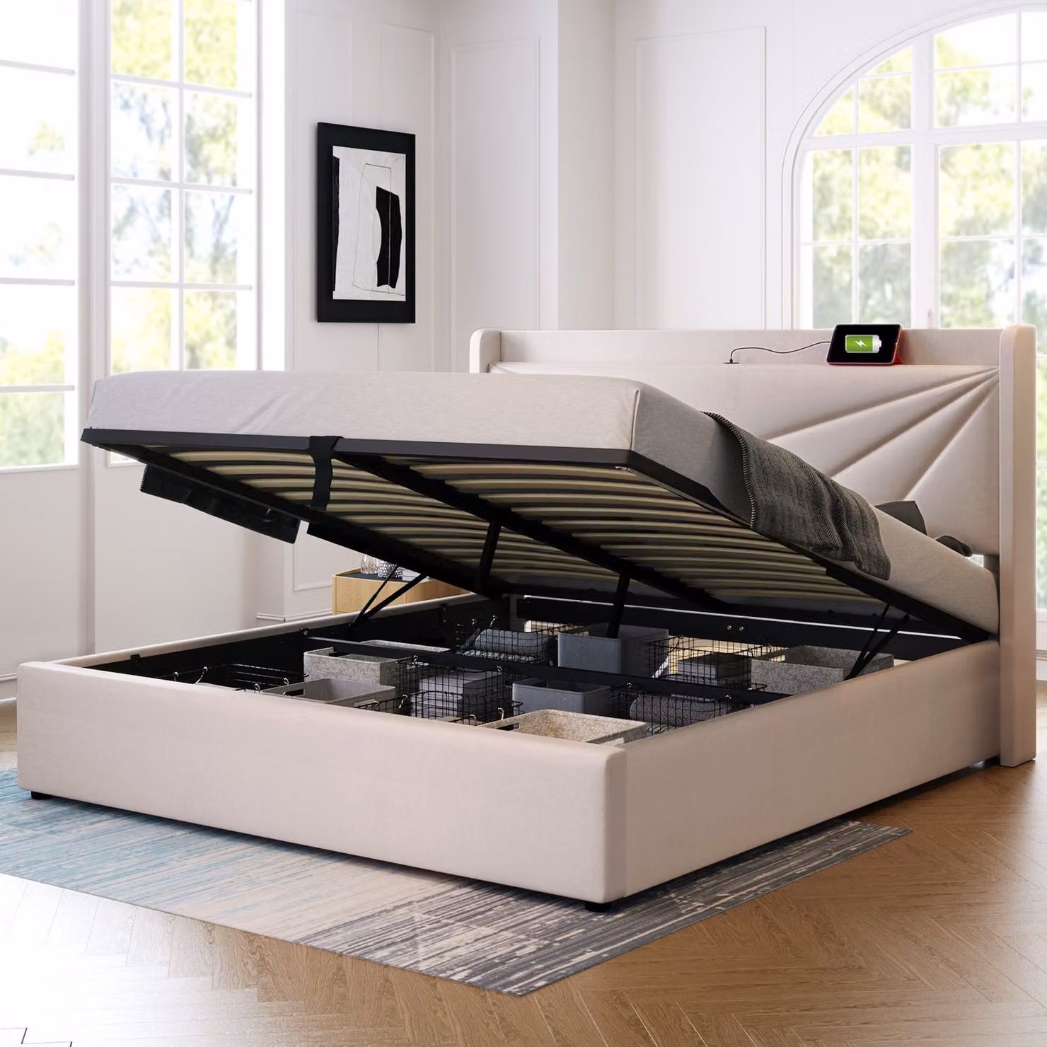 Letto imbottito Sweiko (letto funzionale letto idraulico con rete a doghe), letto contenitore 140x200cm con funzione di ricarica USB tipo C testata, biancheria