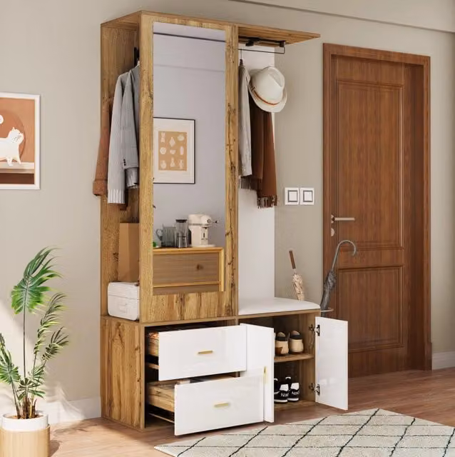 Set Guardaroba bianco e legno con specchio, panca con cassetti e gruccia estraibile, portascarpe integrato