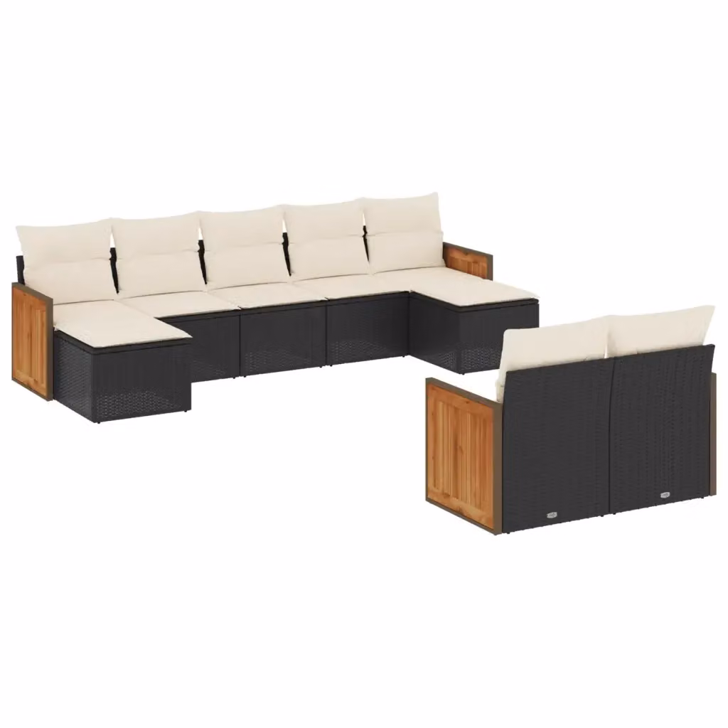 vidaXL Set Divani da Giardino a Forma di U in Polyrattan Nero con Cuscini e Struttura in Legno di Acacia – 2