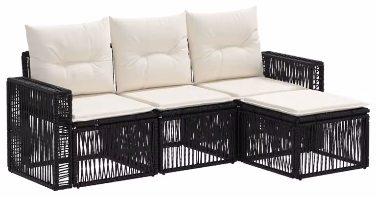Set di divani da giardino, 4 pezzi, colore nero e crema, in rattan sintetico