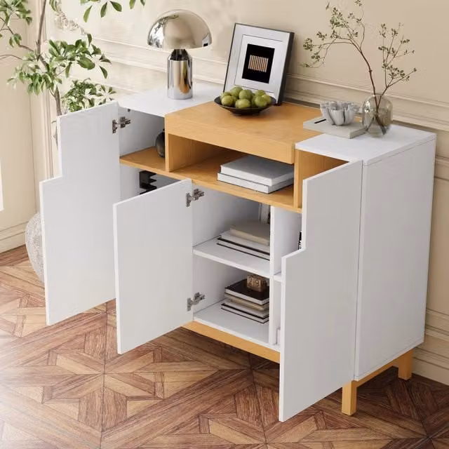 Credenza e madia OKWISH con 3 ante e vano aperto, design minimalista in MDF bianco opaco, L 120,5 x P 42 x H 96 cm