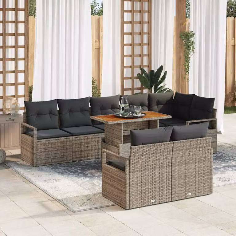 vidaXL Set Divano da Giardino a L con Tavolino da Caffè, 9 Pezzi, Grigio e Marrone