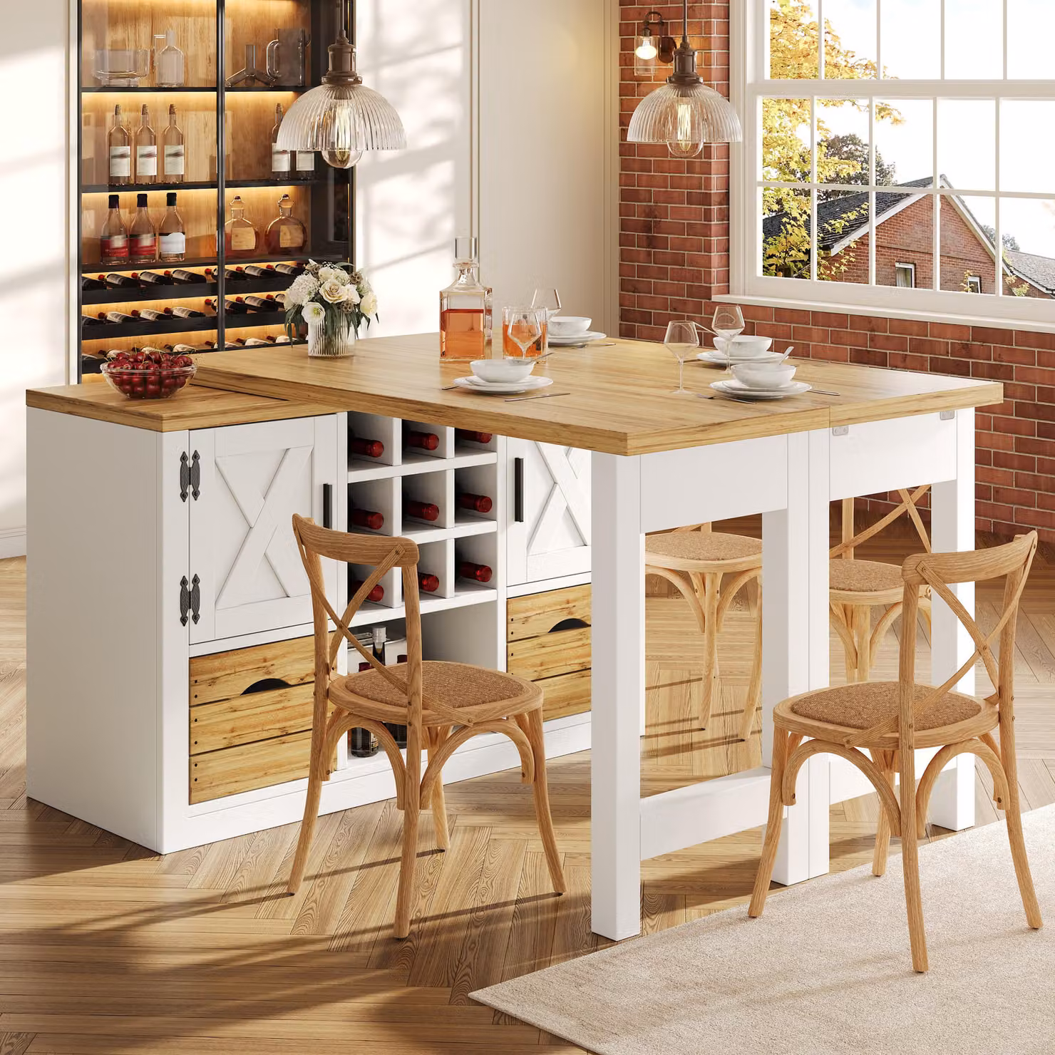 Isola da cucina estendibile a 360°, tavolo da pranzo multifunzionale con pensile laterale, tavolo da cucina estendibile da 120 a 197 cm, bianco