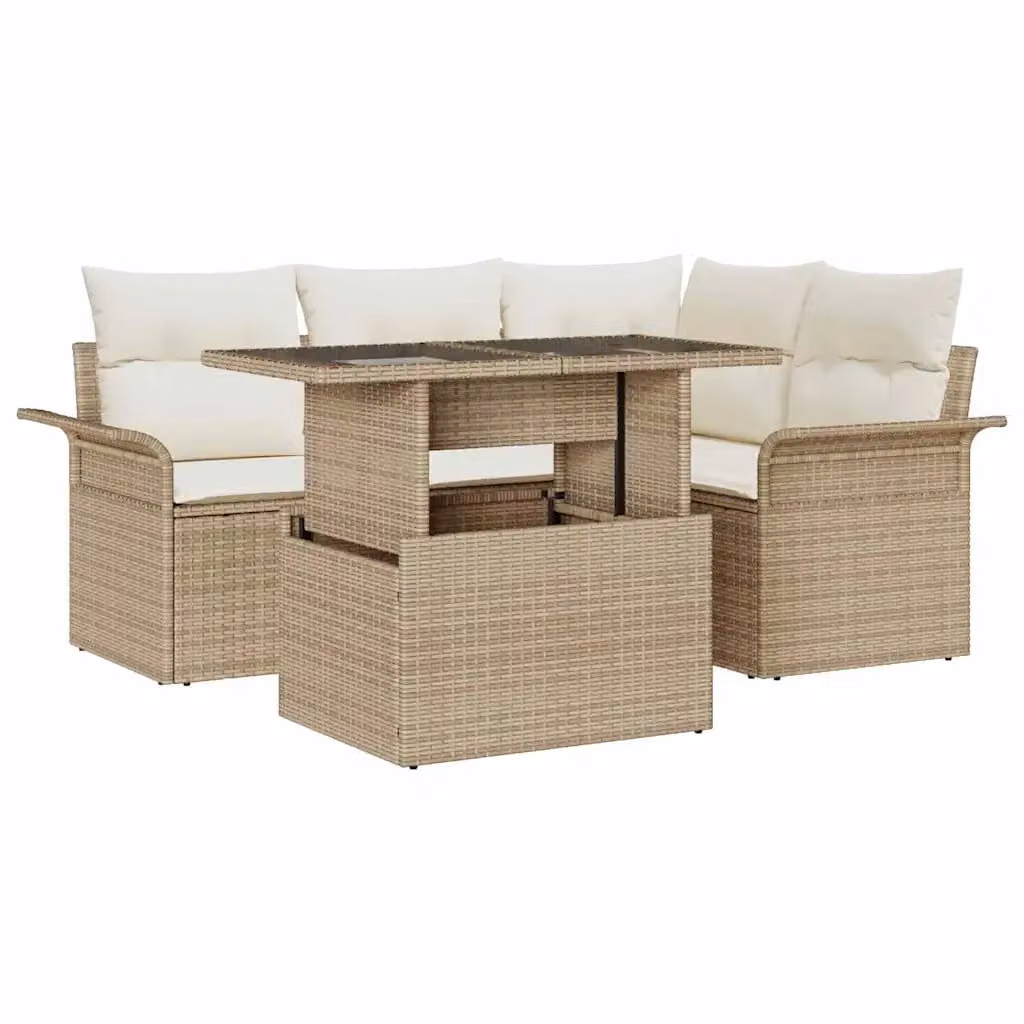 Set Divano da Giardino vidaXL 5 Pezzi Beige con Cuscini e Tavolino in Metallo e Rattan