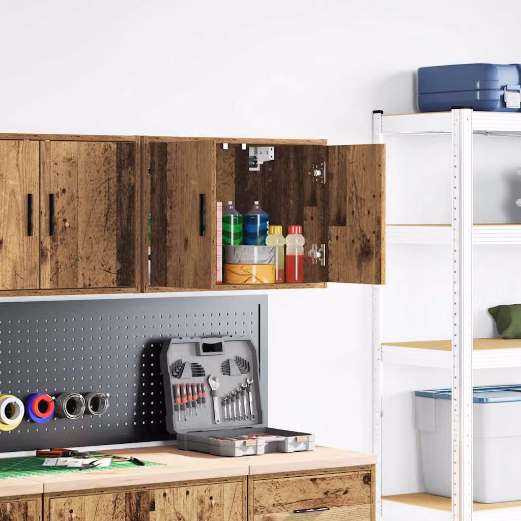 Pensile da garage vidaXL in legno e MDF stile industriale, colore marrone, con ante a battente e ripiani interni, da appendere a parete