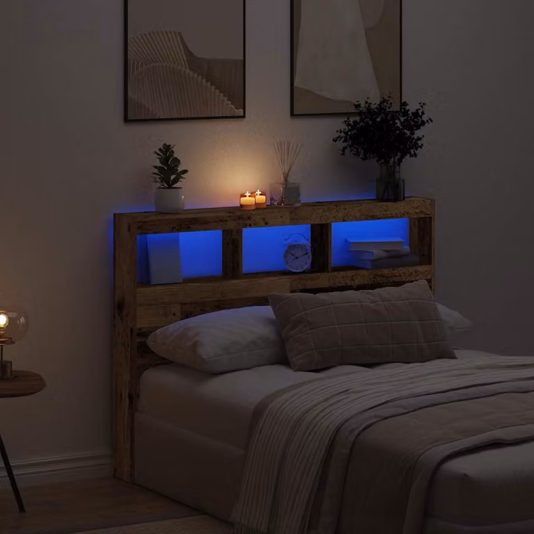 Testiera con Contenitore vidaXL in Legno Antico con Illuminazione LED e Porte USB, L/P/H: 140 x 17 x 102 cm