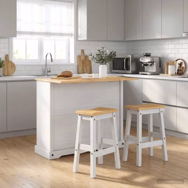Set isola da cucina moderno vidaXL in 3 pezzi in pino massello cerato bianco L/P/H: 112,0 x 70,0 x 91,5 cm – 1