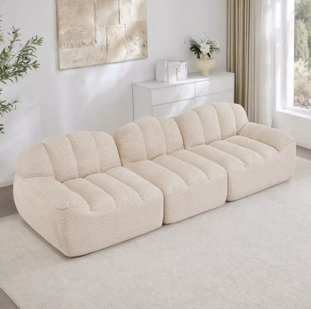 Sofa modulare senza struttura 3 posti; schiuma 32D; rivestimento in fleece granulato; beige bianco