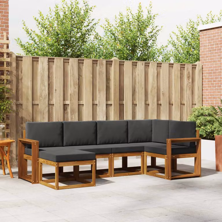 vidaXL Set di divani da esterno a L in legno di acacia con cuscini, 6 pezzi, Beige e Antracite