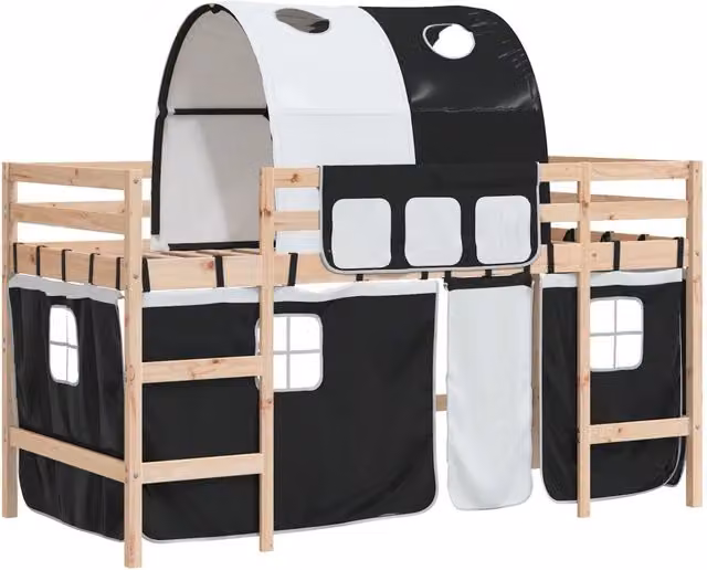 Letto a Soppalco con Tunnel Bambini | Letto Infantile | Lettino Bianco e Nero 80x200cm Pino