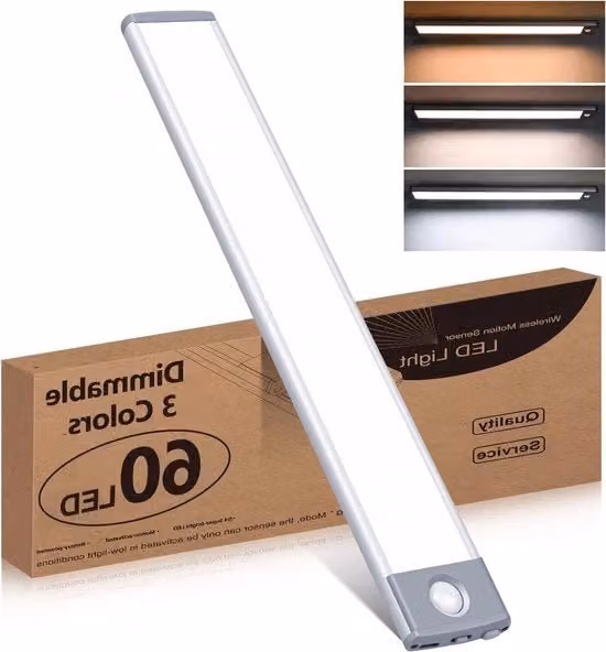 Luce LED per Armadio e Sotto Cassetta con Sensore di Movimento, Caricabile via USB, 60 LED, 3 Colori, Colore Bianco con Finitura Argento in Alluminio e Plastica
