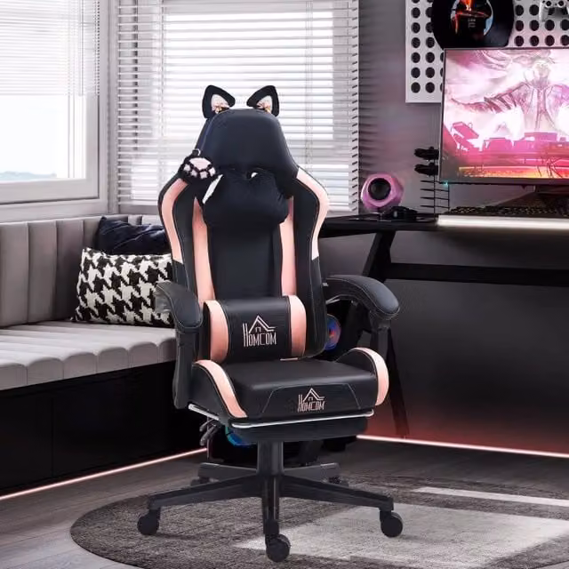 Sedia gaming ergonomica WISHDOR in similpelle nera con orecchie da gatto, poggiatesta, schienale reclinabile e poggiapiedi estraibile, L/P/H: 124 x 65 x 62 cm – 1