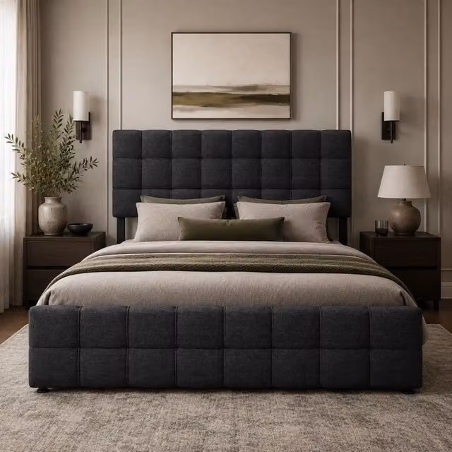 Letto matrimoniale contenitore 140x200 cm in lino nero con 4 cassetti e testiera regolabile