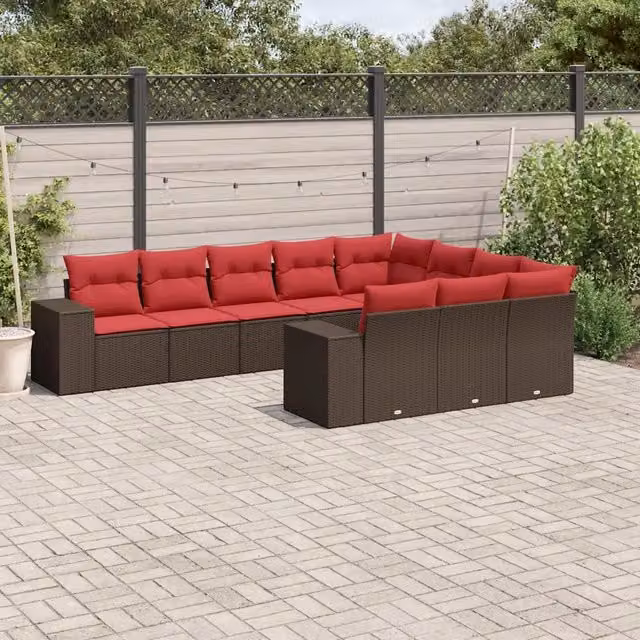 Set Divani da Giardino 10 pz con Cuscini Marrone in Polyrattan 3223093