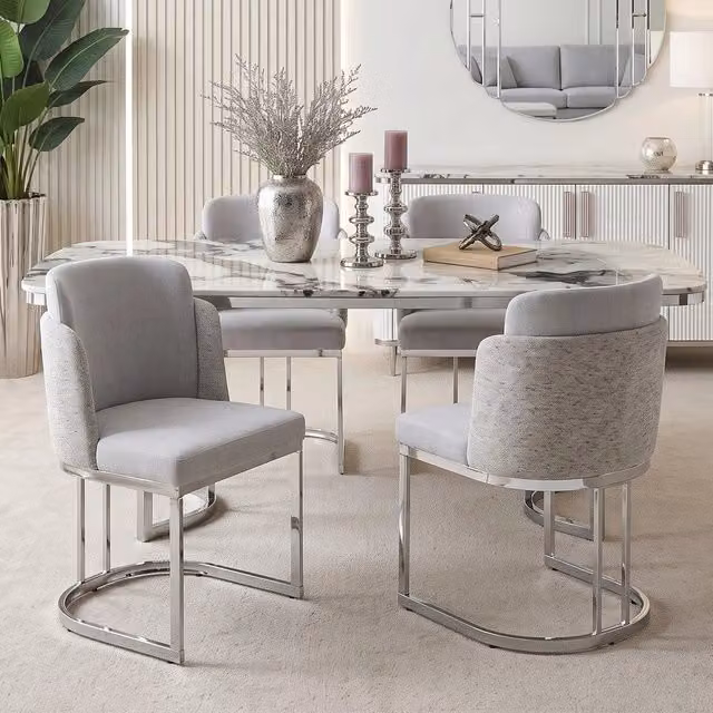 Set 4 Sedie da Pranzo ¨C Minimal ¨C Tessuto Chenille Grigio Chiaro Gambe Metallo Argento Stile Moderno