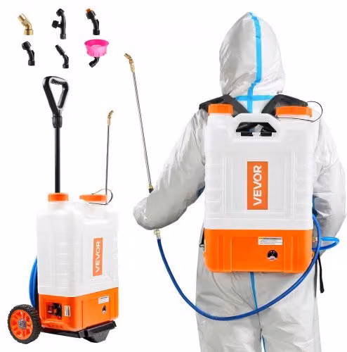 Irroratore a Zaino con Carrello VEVOR Bianco con Serbatoio da 15 Litri, Pressione Regolabile 0-94 PSI, 6 Ugelli e 2 Lance per Giardino e Diserbo