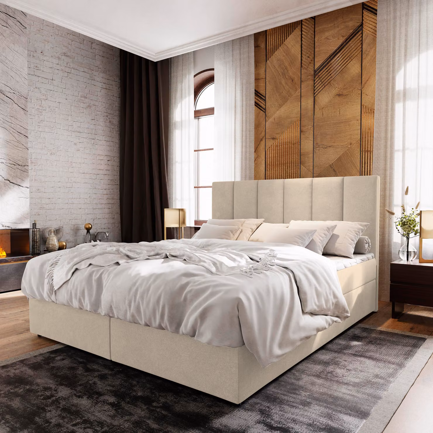 Letto a molle Masseno MERIL 160x200 cm completo di materasso e topper Bonell, letto imbottito con cassettiera -Beige, COSMIC 10