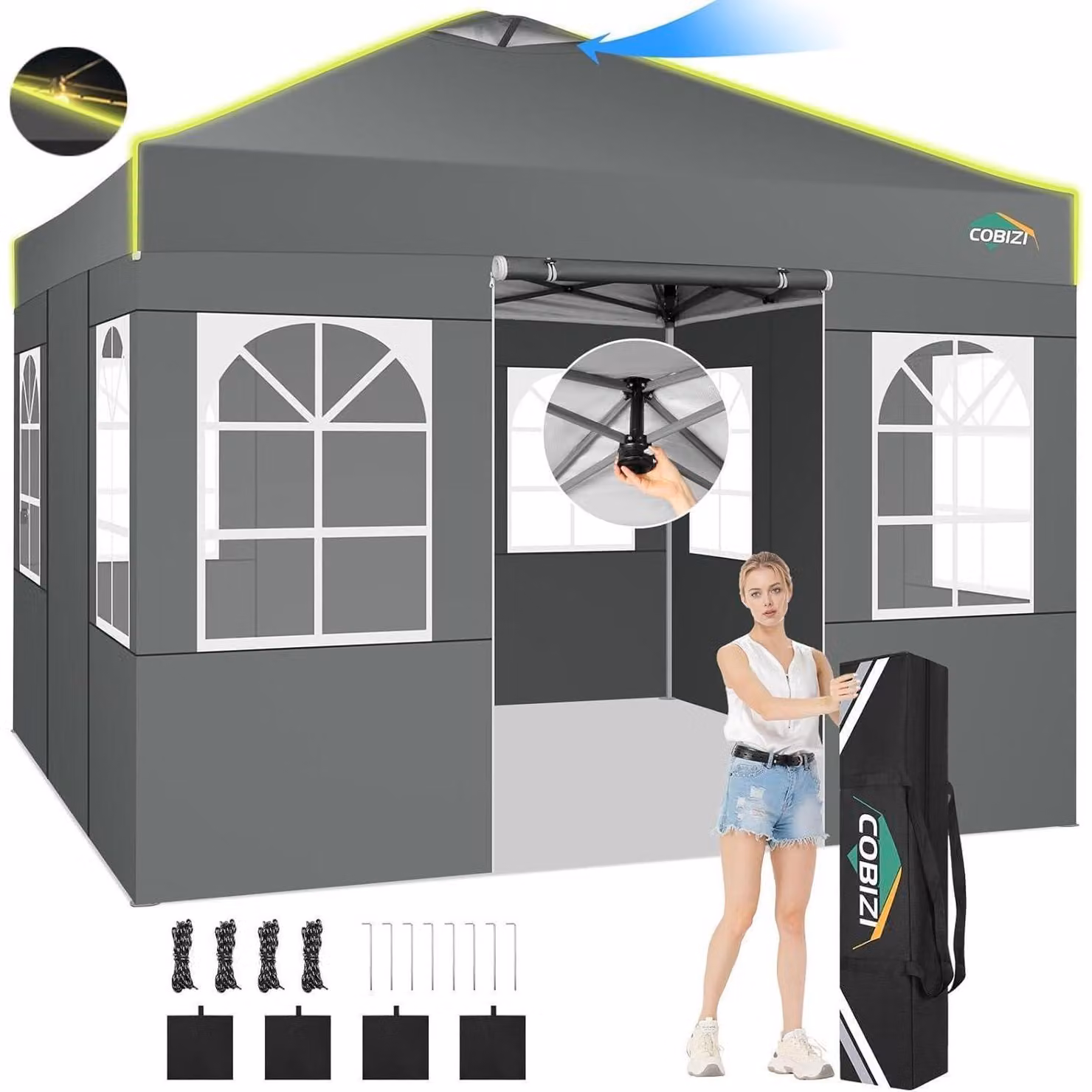 Gazebo da esterno 3x3 metri, impermeabile, resistente ai raggi UV, con 4 pareti laterali, colore grigio, con altezza regolabile