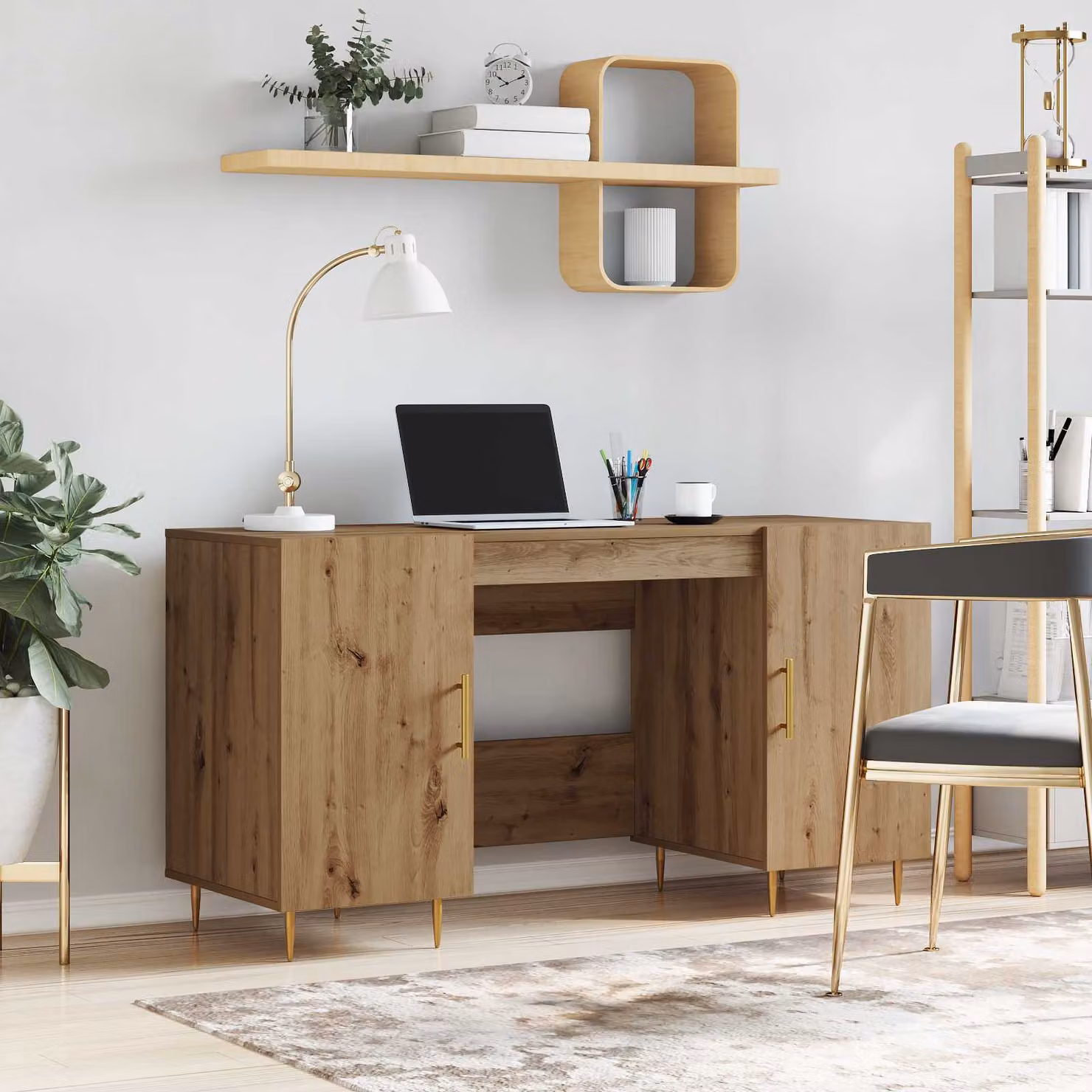 Scrivania moderna vidaXL in legno ingegnerizzato color rovere, L: 140 cm, P: 75 cm, H: 50 cm