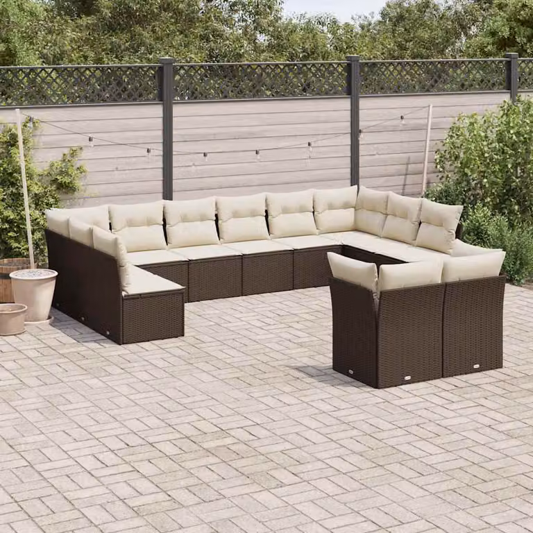 Set di divani da giardino vidaXL in polyrattan marrone con cuscini bianchi, forma a U per esterno e terrazza