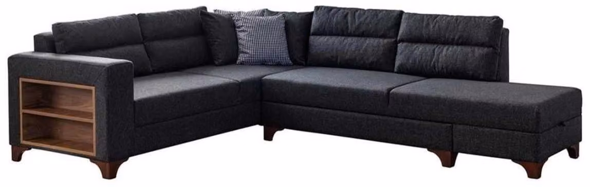 Divano angolare moderno, grigio scuro, a forma di L, con spazio contenitivo, ideale per il soggiorno, imbottito