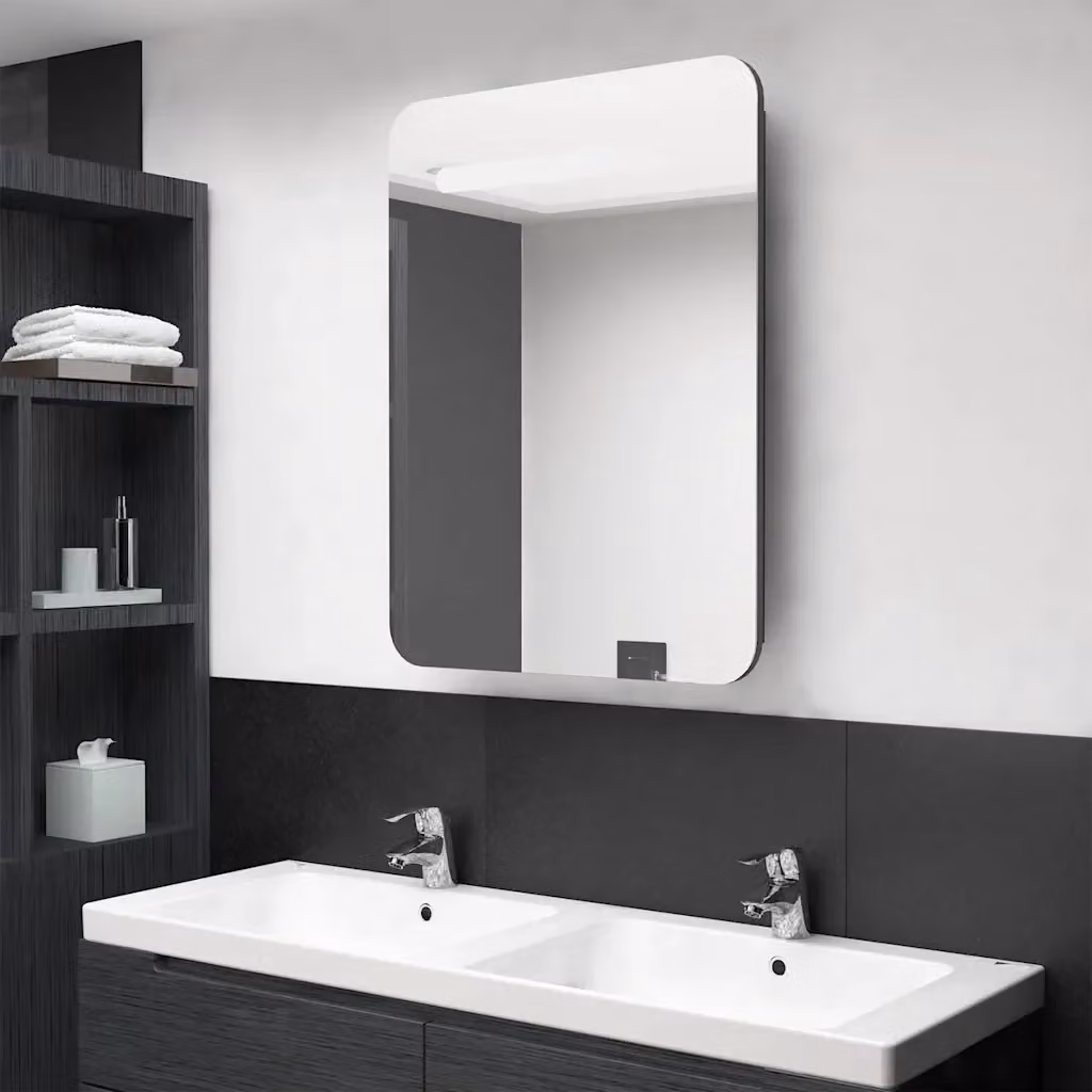 Armadietto da bagno con specchio e illuminazione LED vidaXL, Grigio Lucido, L: 60 cm, P: 11 cm, H: 80 cm – 2