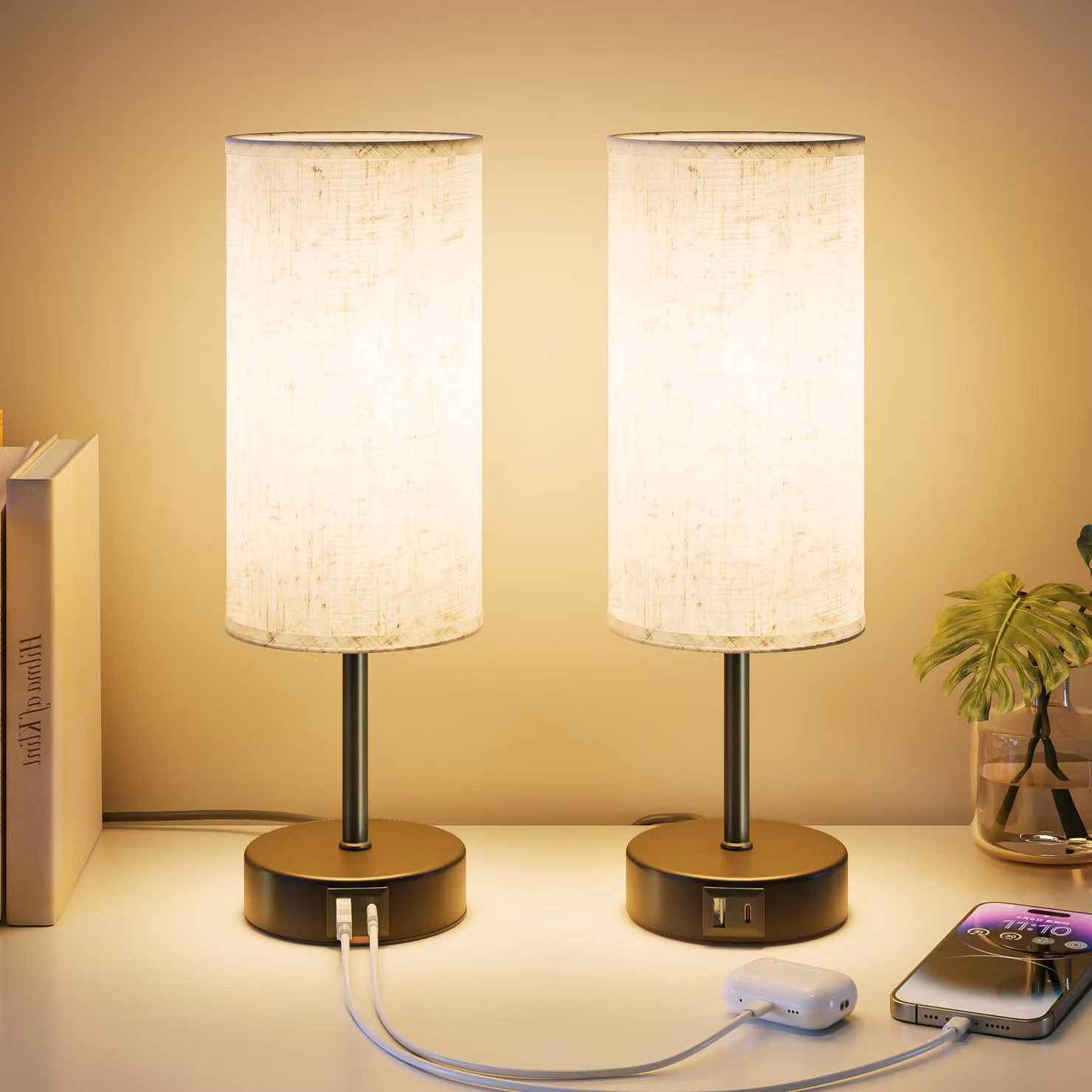 UPXNBOR, set di 2 lampade da comodino con controllo touch, lampade da tavolo dimmerabili con funzione di ricarica