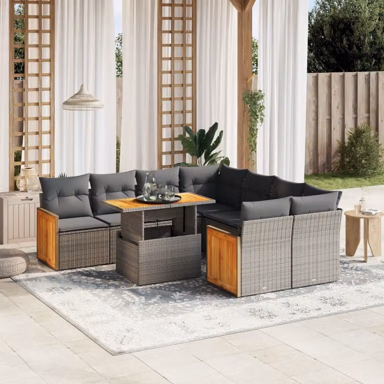 vidaXL Set Divano da Giardino 9 pz in Polyrattan Grigio con Cuscini e Tavolino da Caffè