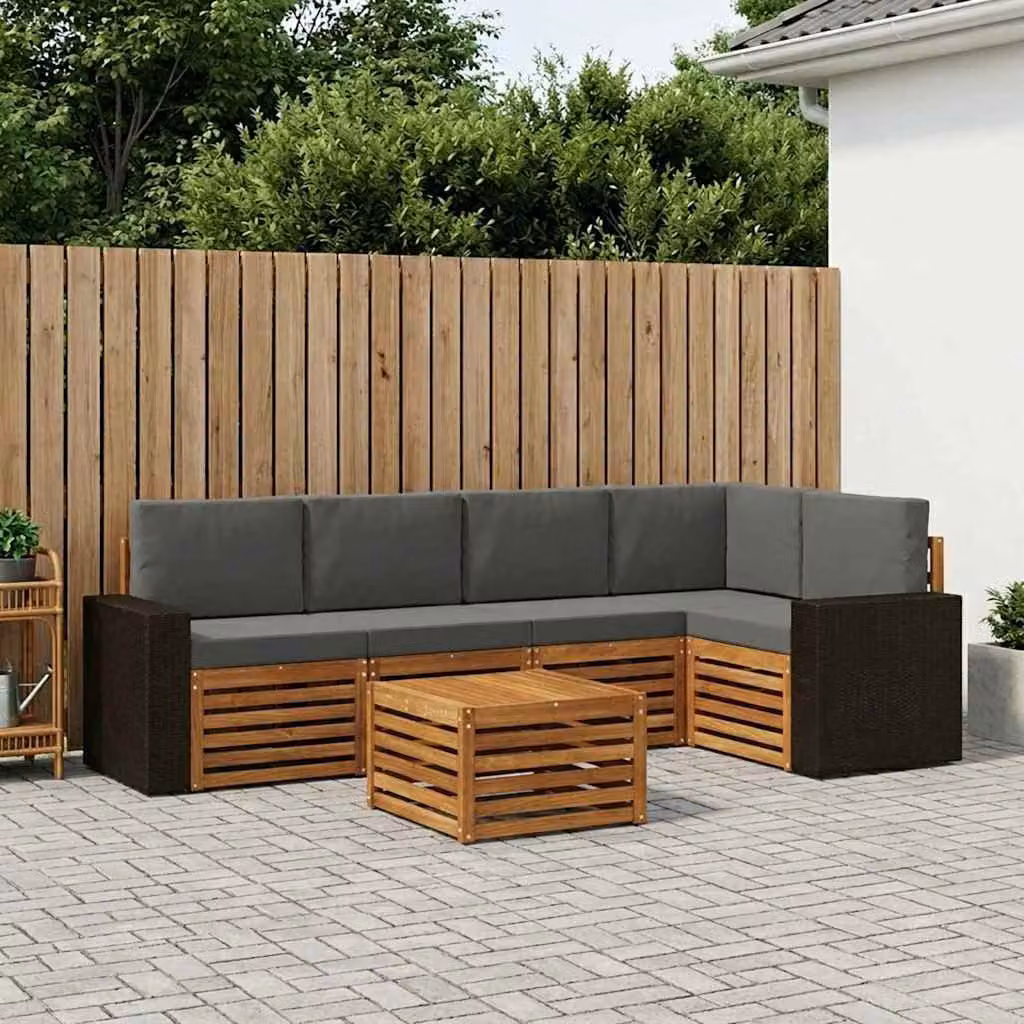 Set di divani da esterno vidaXL a forma di L composto da 6 pezzi con tavolo da caffè, in legno di acacia trattato e tessuto resistente ai raggi UV, colore naturale e antracite