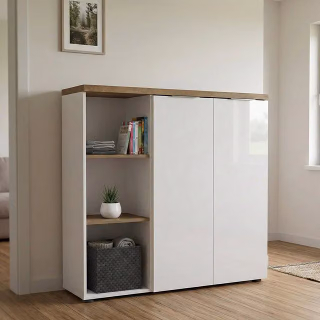 Armadio Multiuso DMORA con Ante a Battente e Ripiani Interni, Bianco e Marrone, L 120 cm x H 115 cm x P 34 cm