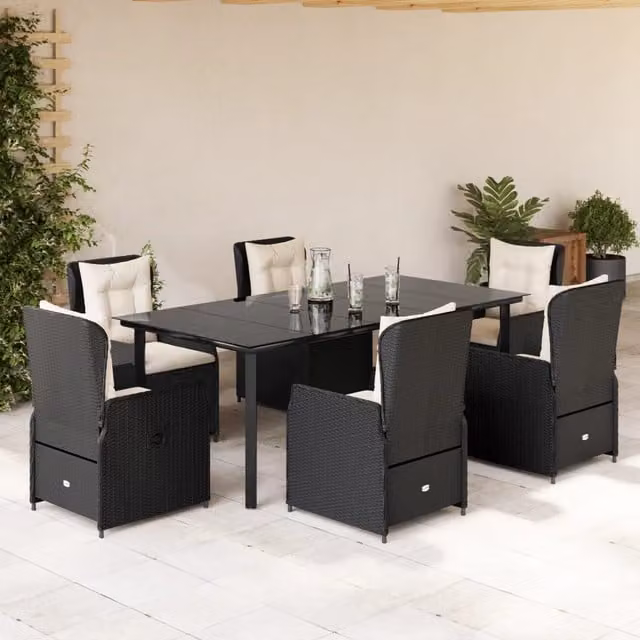 Set da pranzo da giardino vidaXL in polyrattan nero con cuscini bianchi e tavolo in vetro