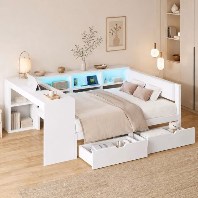 Letto a piattaforma 140x200 cm con 2 cassetti; LED; prese USB e testiera imbottita; bianco