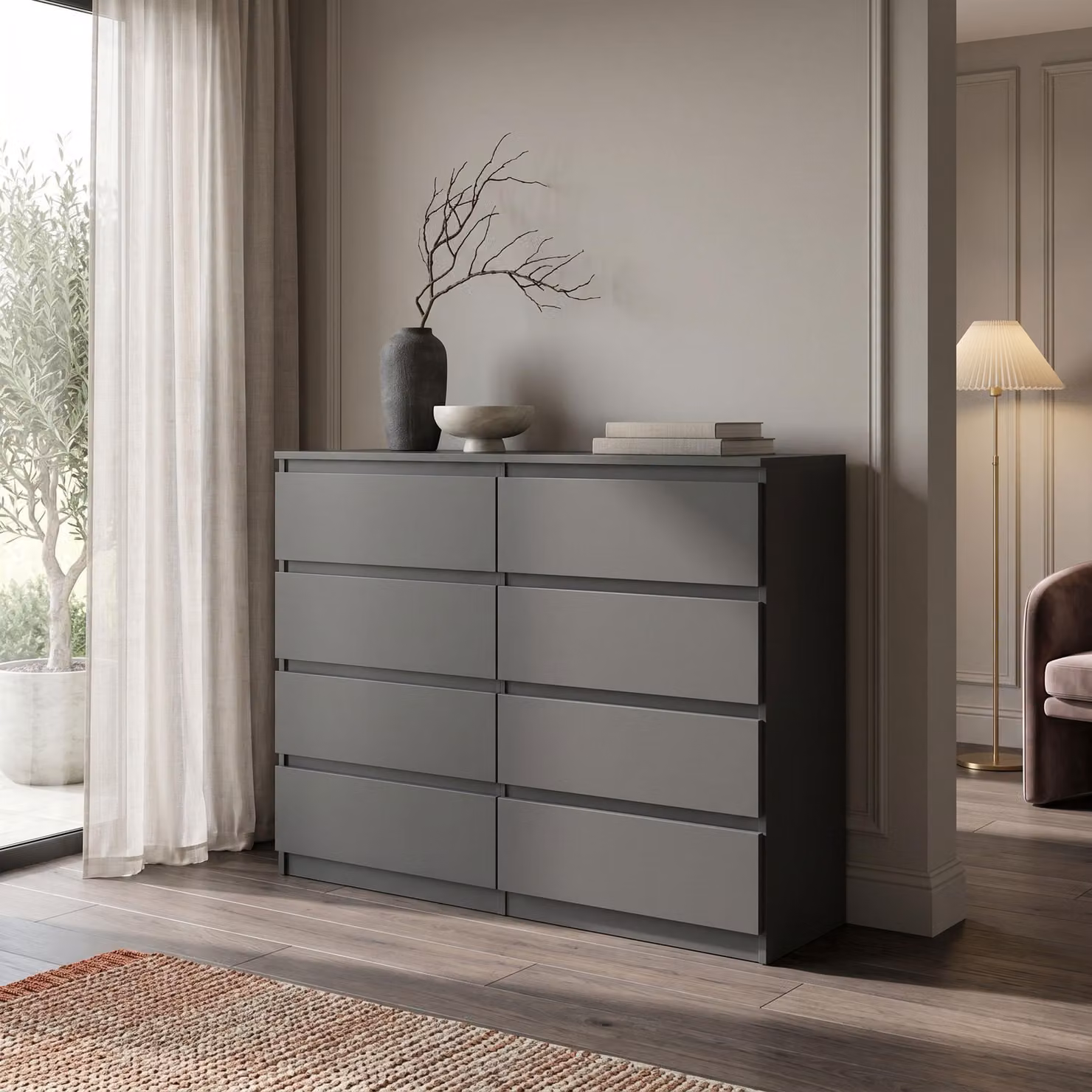 Comodà Masseno NUDO da 120 cm con 8 cassetti e ante, per soggiorno e camera da letto, stile moderno, 120x39x101,5 cm, antracite / antracite