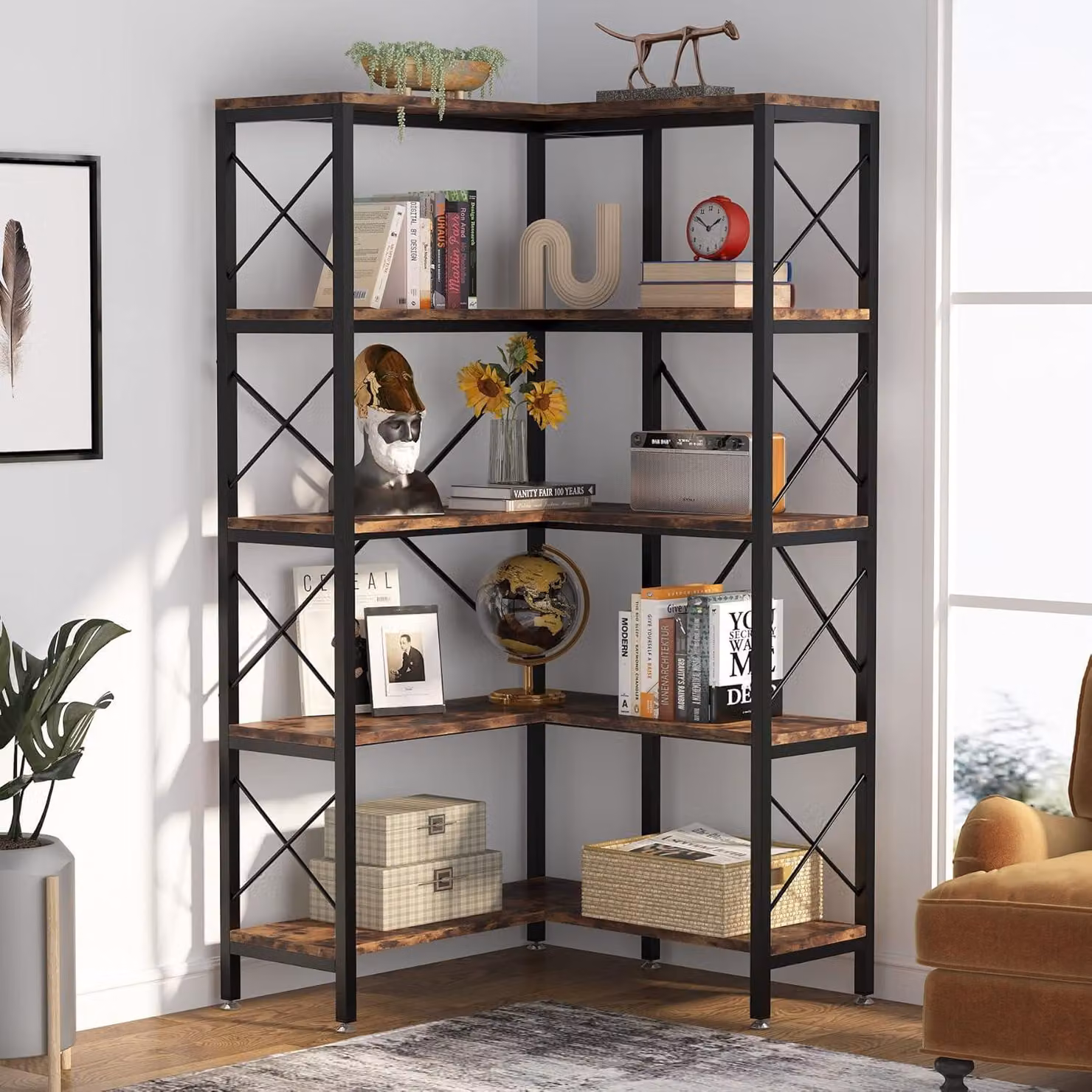 Libreria angolare industriale, marrone, con 5 ripiani, scaffale aperto