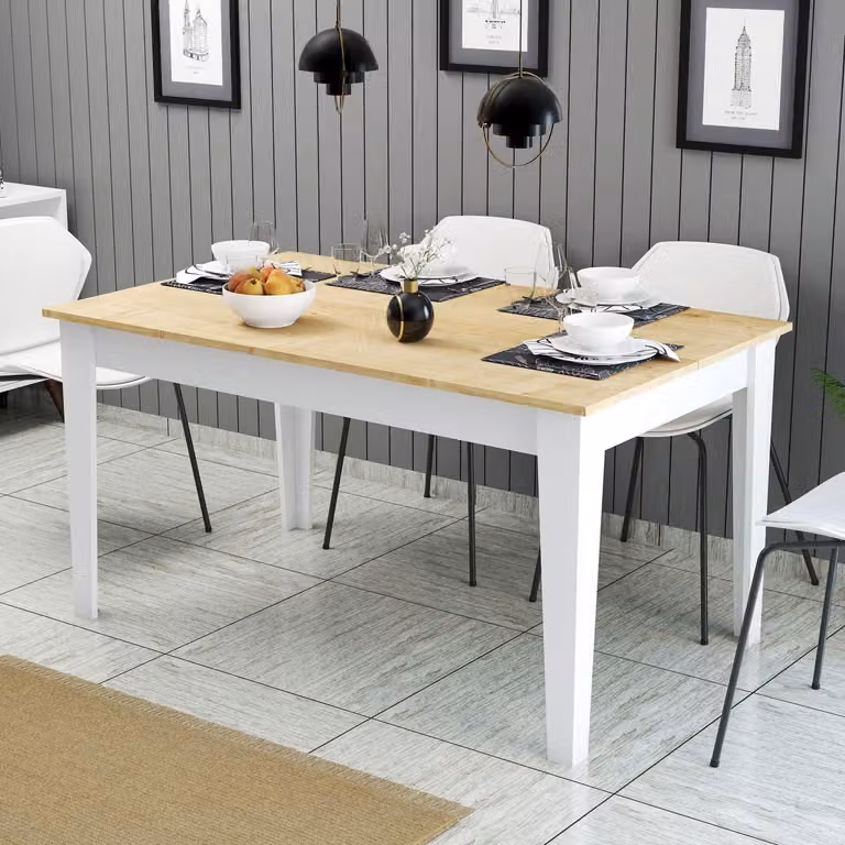 Skye Decor, tavolo da pranzo di alta qualità, 145 x 75 x 88 cm, pannello truciolare rivestito al 100% in melamina, spessore 18 mm, gambe in legno rivestito in melamina, bianco e rovere, design moderno.