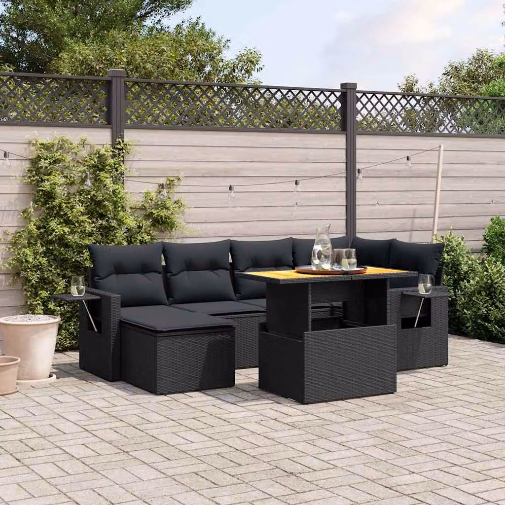 vidaXL Set Divani da Giardino a L con Cuscini 7pz Nero Polyrattan e Legno di Acacia – 1