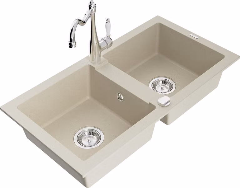 Mexen Mario lavello in granito a 2 vasche con rubinetto da cucina Carla, beige - 6504-69-670700-00
