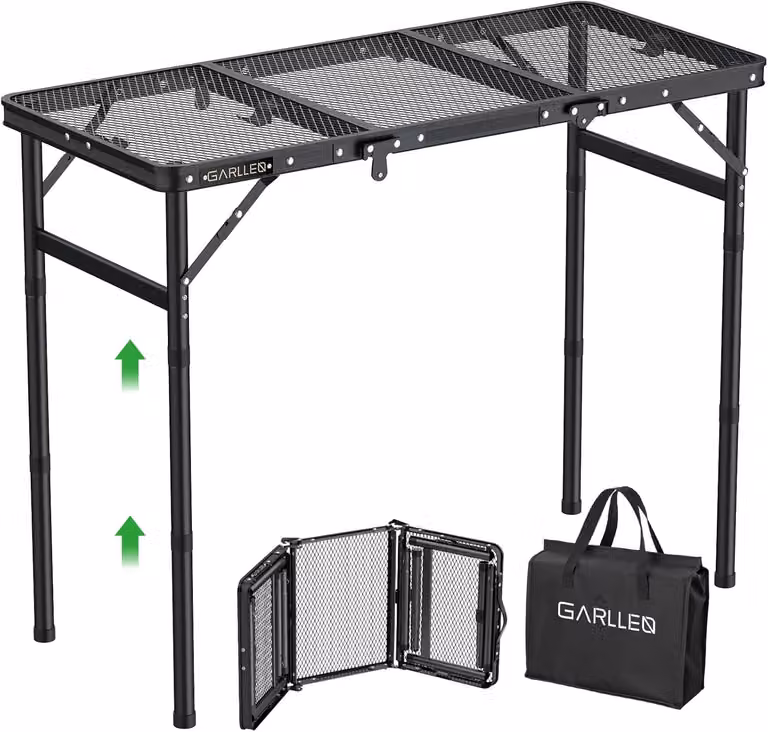Tavolo pieghevole per barbecue, capacità 30 kg, 3 altezze regolabili, resistente al calore, in alluminio, ideale per il campeggio