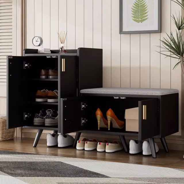 Scarpiera OKWISH moderna con seduta imbottita e 4 ante per ingresso in MDF e metallo, colore nero e marrone, L: 120 cm, P: 34 cm, H: 82 cm