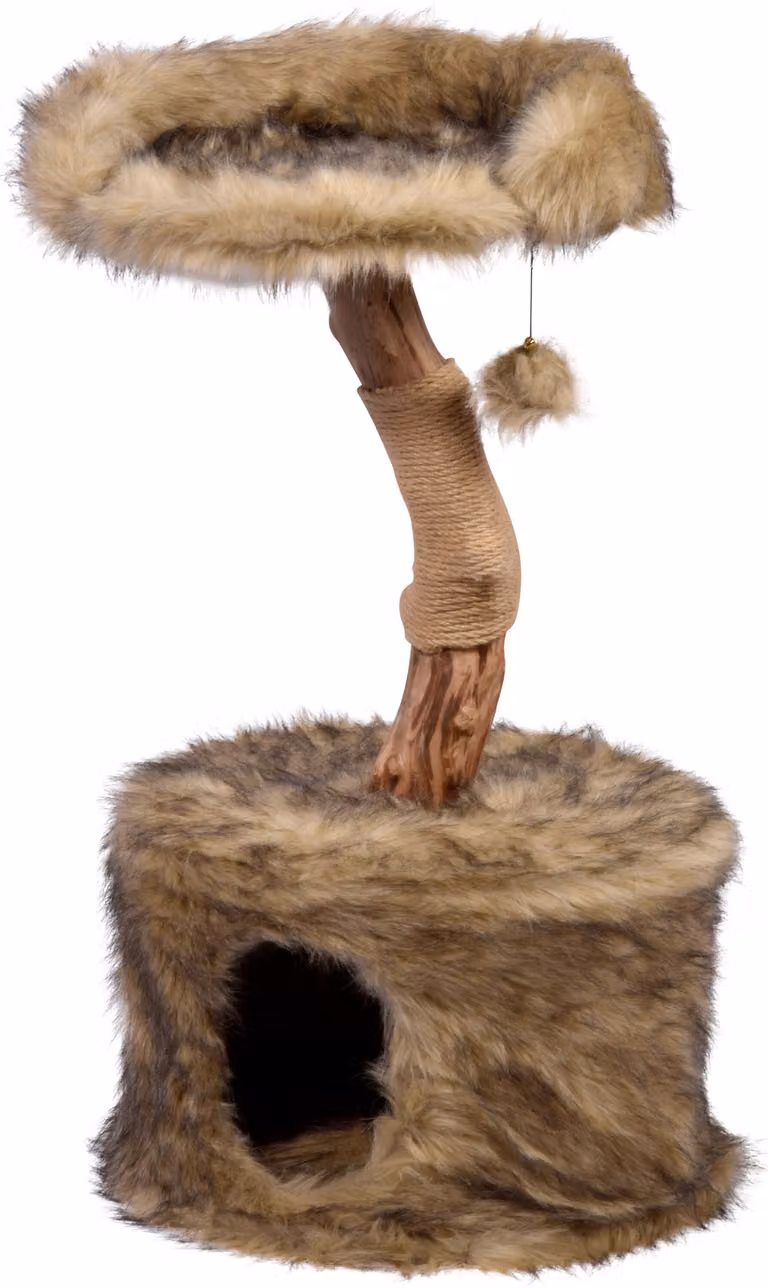 Albero per graffiare "Ruby" dal design elegante, realizzato con un tronco naturale e dotato di una pallina giocattolo. Arredamento per gatti con cuccia e area relax, diametro 45 cm, altezza 78-88 cm, colore marrone