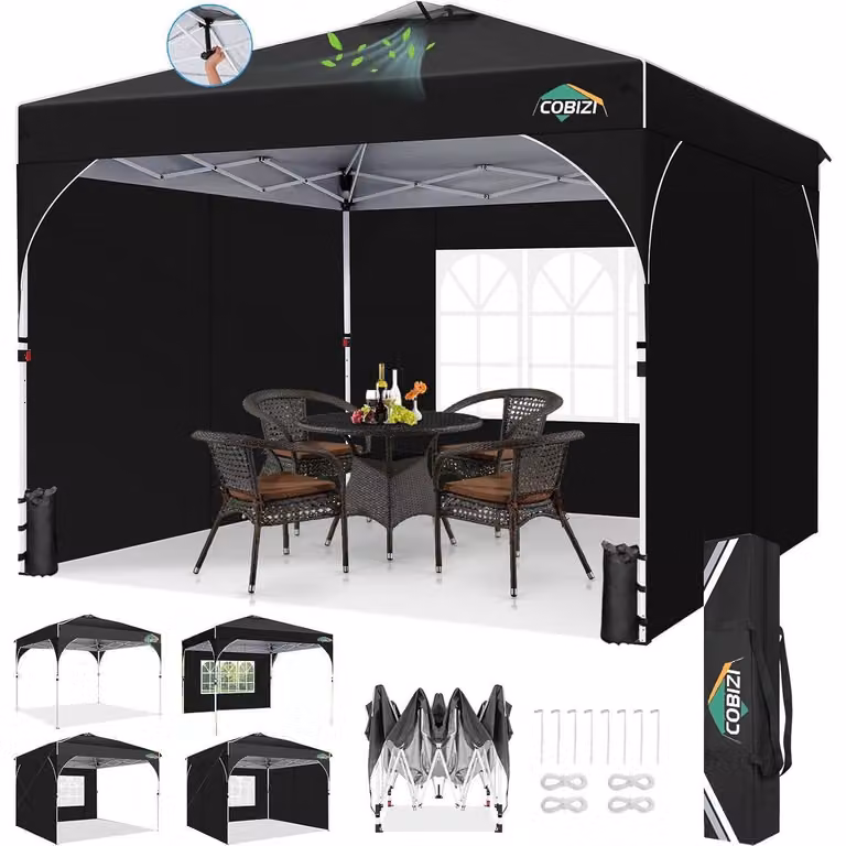 Gazebo da esterno 3x3 metri, impermeabile, stabile, con protezione UV 50+, regolabile in altezza, con 3 pareti laterali, colore nero