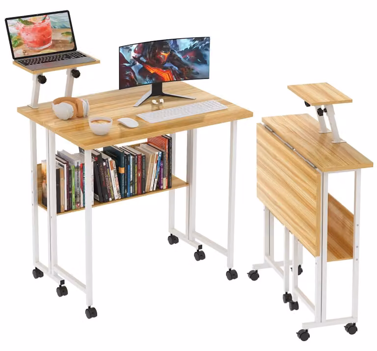 Scrivania pieghevole portatile - Scrivania per computer - Con rotelle - Con spazio contenitivo - Con cassetto estraibile per tastiera - Ideale per piccoli spazi - Forma rettangolare - Aspetto in legno