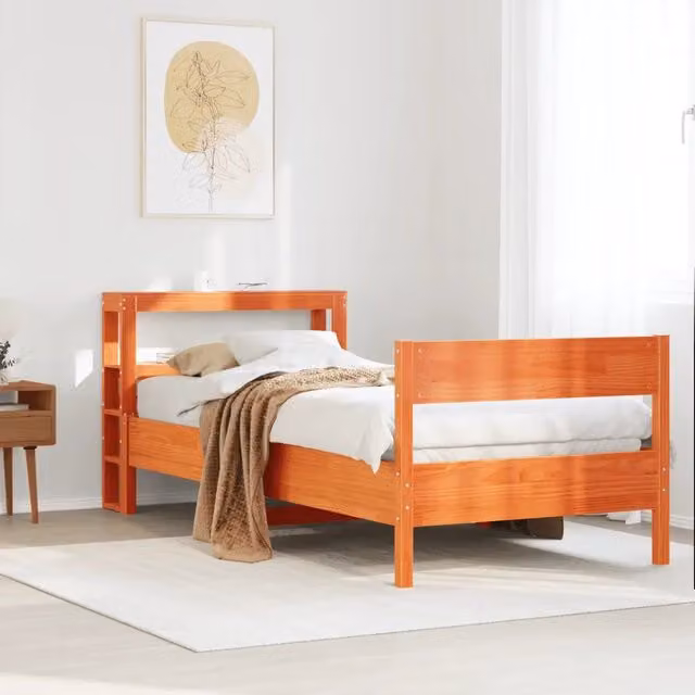 Struttura Letto in Legno di Pino Design Mania Colore Marrone Cera con Ripiani Laterali e Doghe Rigide L: 190 cm, P: 75 cm
