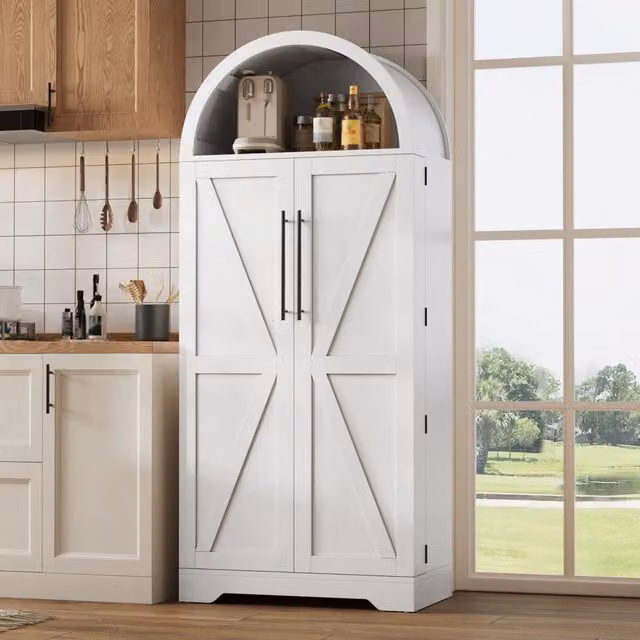 Vetrina con vani arcuati aperti, 3 ripiani e mensole sulle ante per cucina e soggiorno, MDF bianco, 70 × 40 × 165 cm