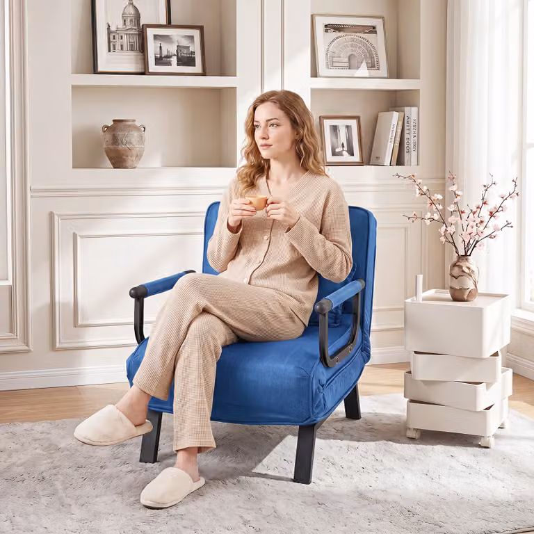 Divano pieghevole 3 in 1 Costway con seduta imbottita e schienale regolabile, Poltrona letto singola con poltroncina Blu
