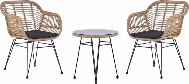 Set da bistrot Beliani da 3 pezzi in finto rattan marrone con piano in vetro e gambe in metallo nero