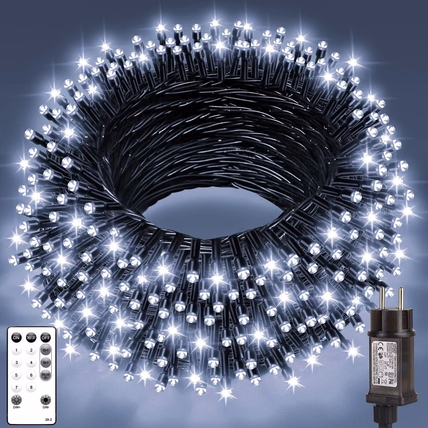 Catena luminosa da 50 metri, con 500 LED, luce bianca fredda, per uso esterno